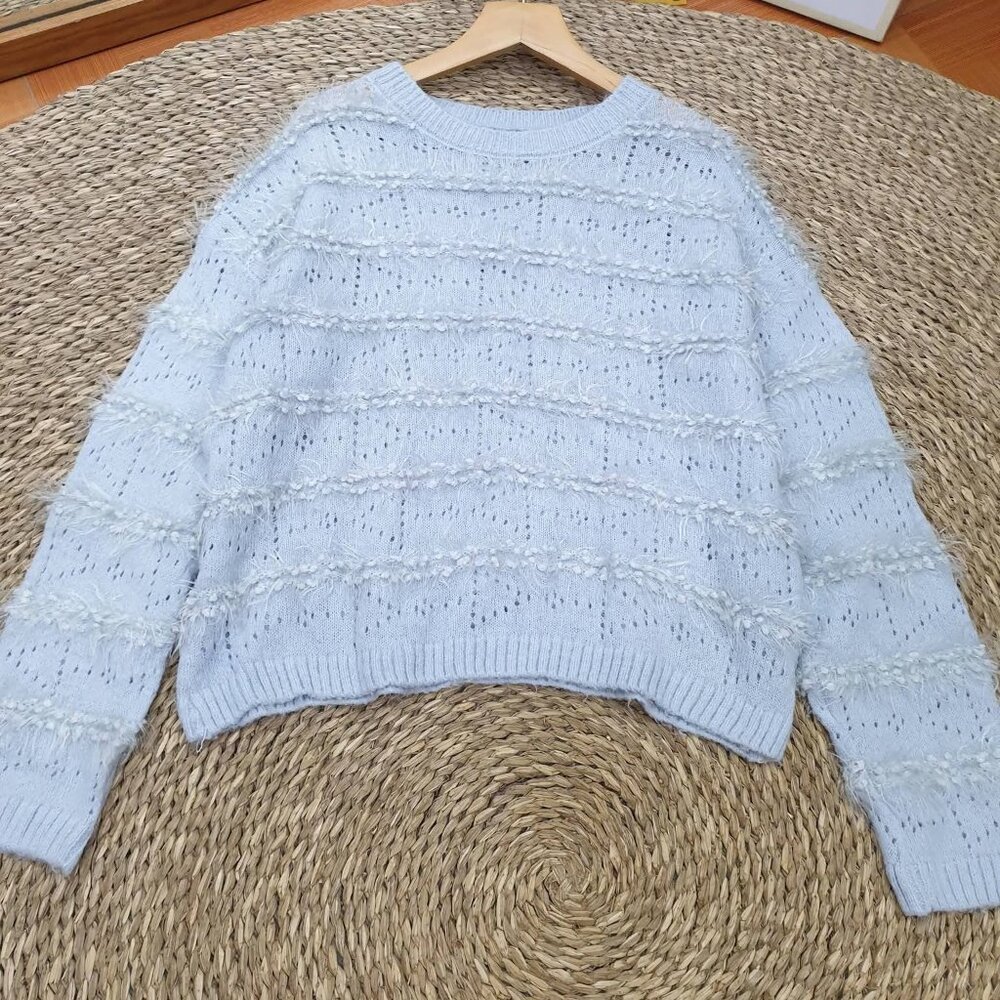 Baby Blue Fuzzy Knit Sweater Cozy Textured Pullover